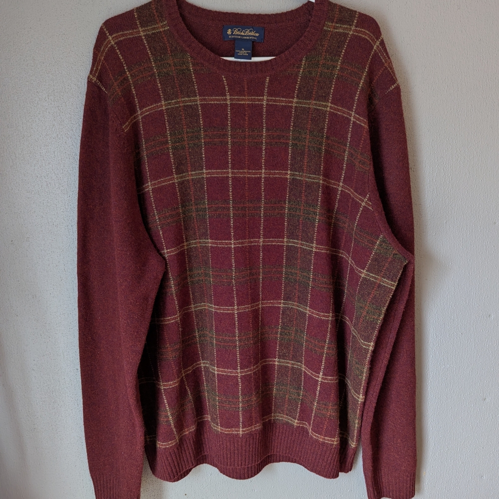 Flawed Brooks Brothers Burgundy and Olive Plaid Lambs Wool  Crewneck Sweater Xl